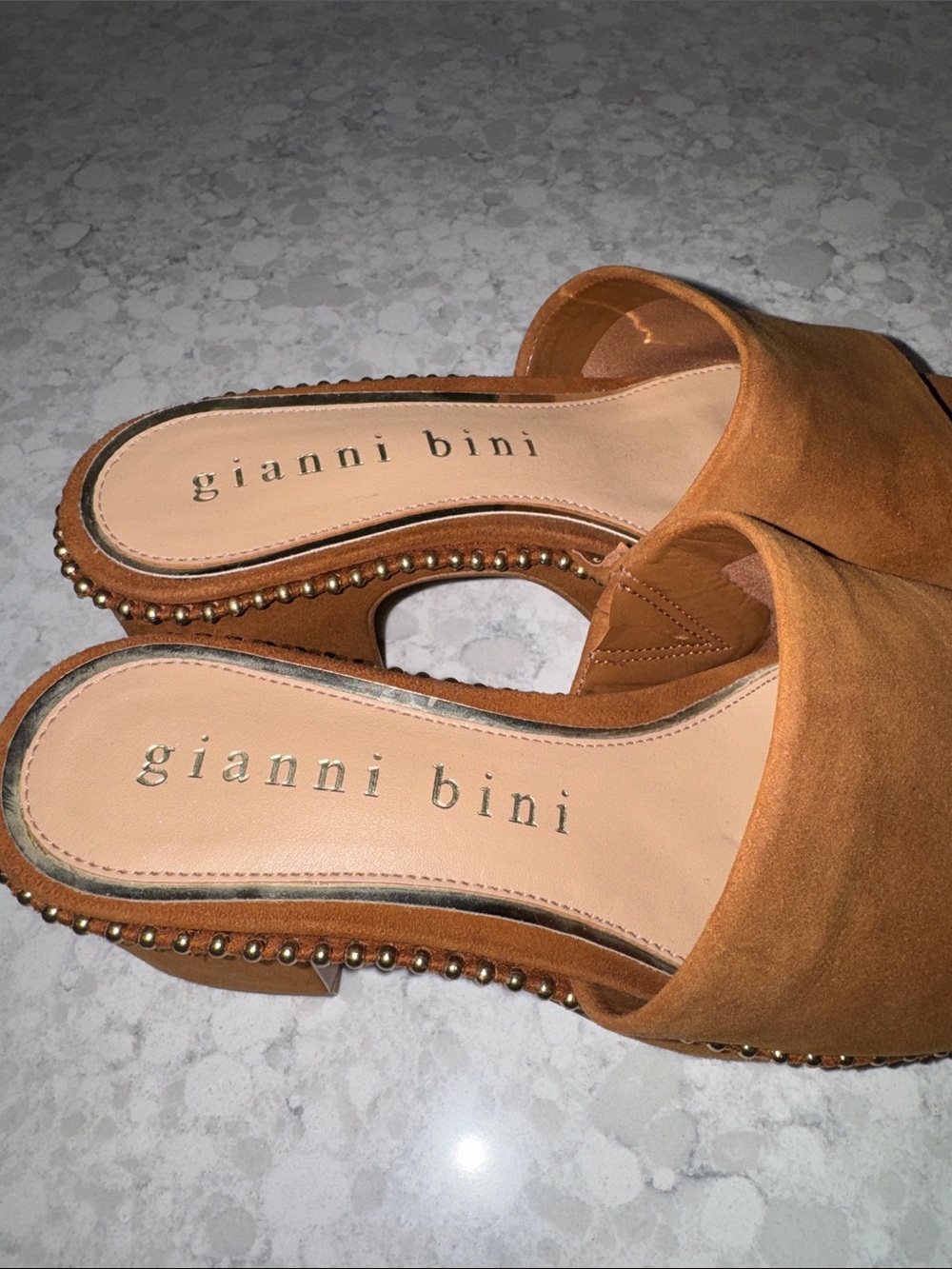 Gianni Bini Cognac Suede Platform Studded Mules - Picture 5 of 6